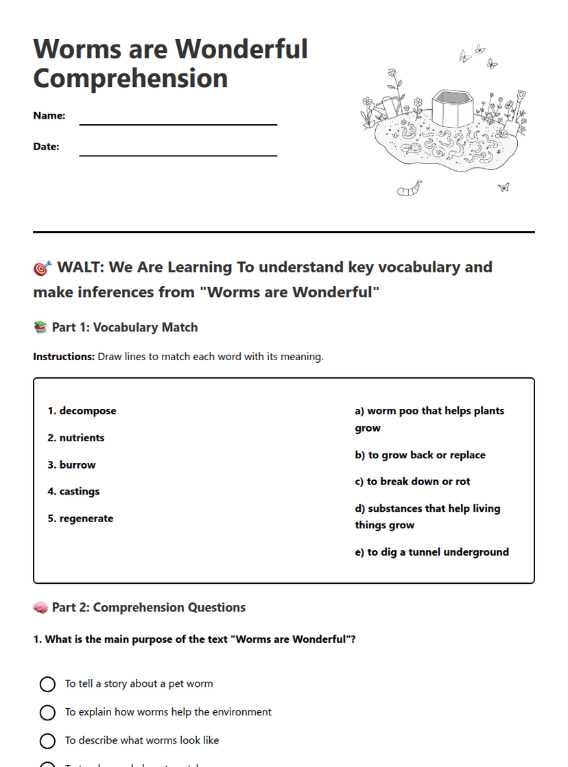 Worms are Wonderful Comprehension