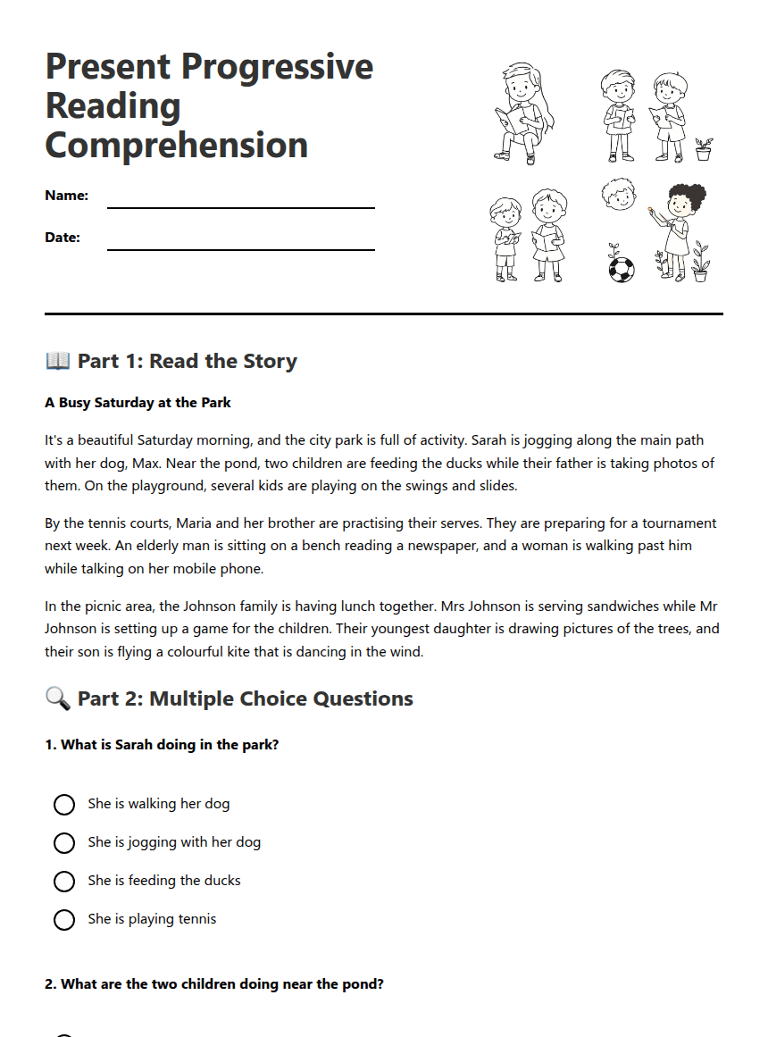 Present Progressive Reading Comprehension worksheet preview