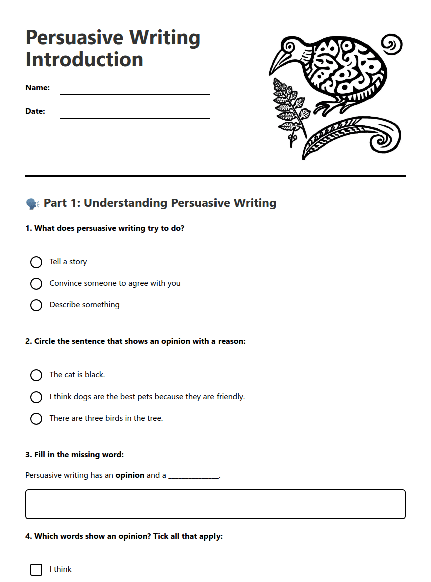 Persuasive Writing Introduction worksheet preview
