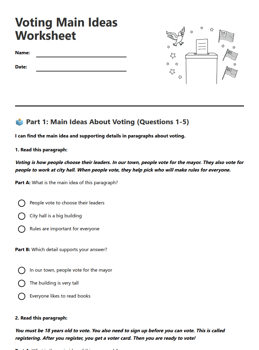 Voting Main Ideas Worksheet worksheet preview