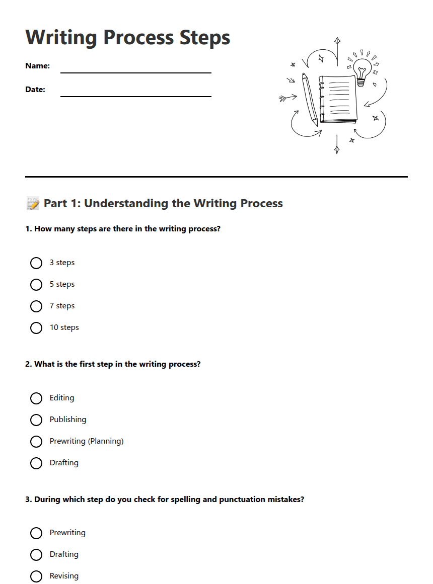 Writing Process Steps worksheet preview