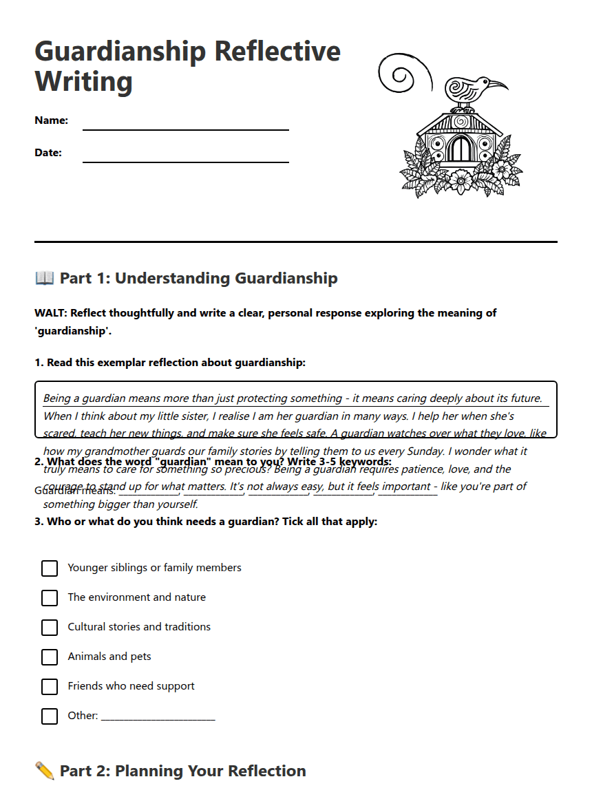Guardianship Reflective Writing worksheet preview