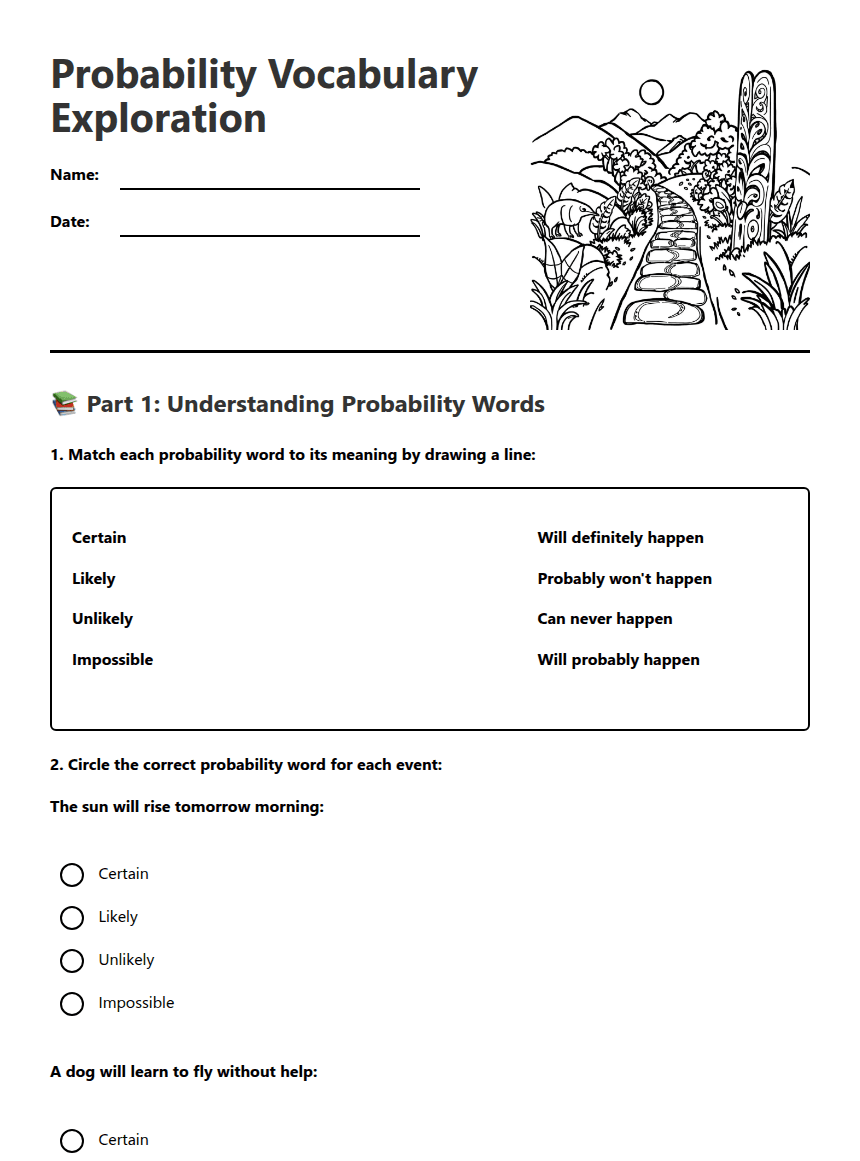 Probability Vocabulary Exploration worksheet preview