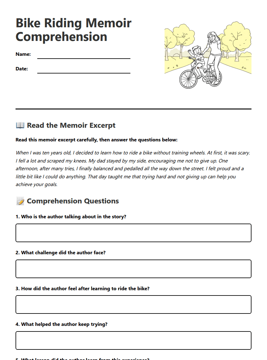 Bike Riding Memoir Comprehension worksheet preview