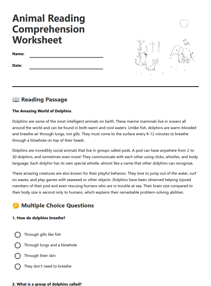 Animal Reading Comprehension Worksheet worksheet preview