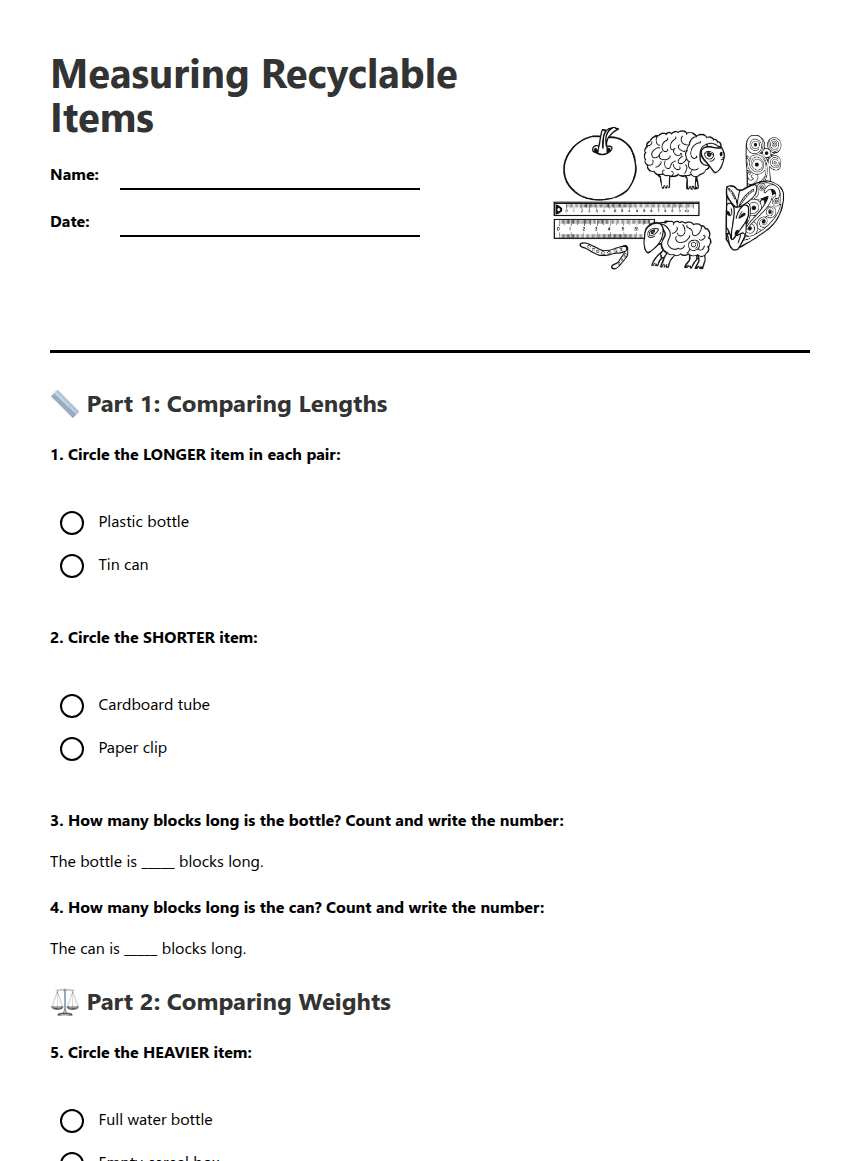 Measuring Recyclable Items worksheet preview