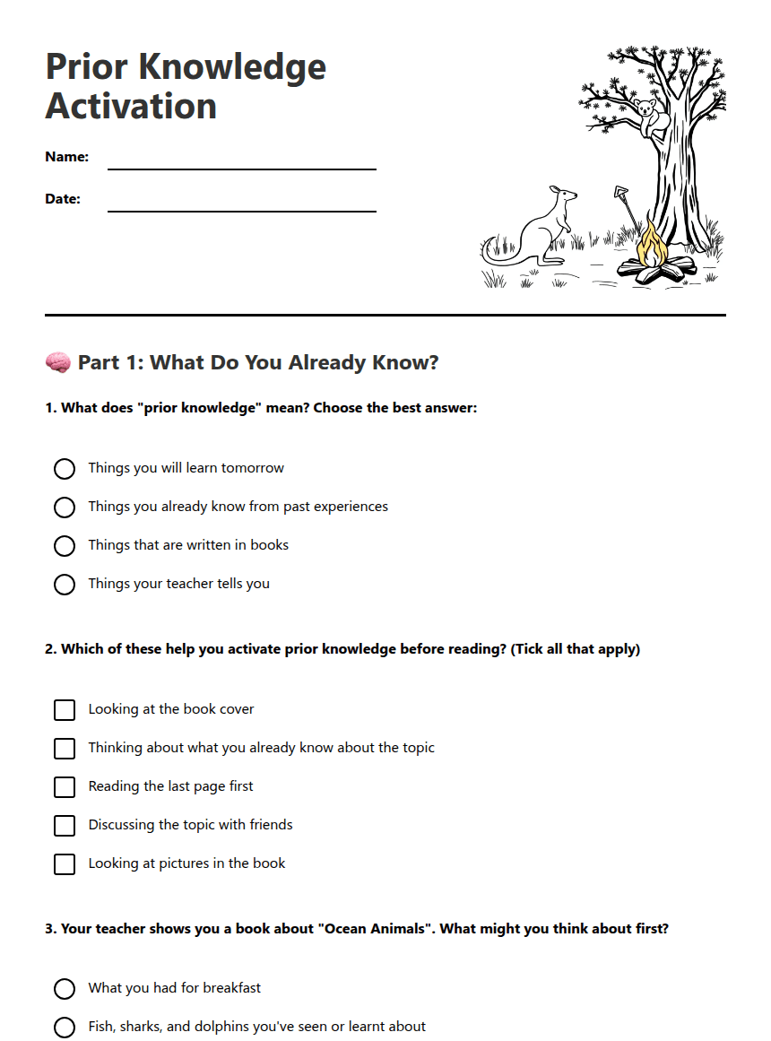 Prior Knowledge Activation worksheet preview
