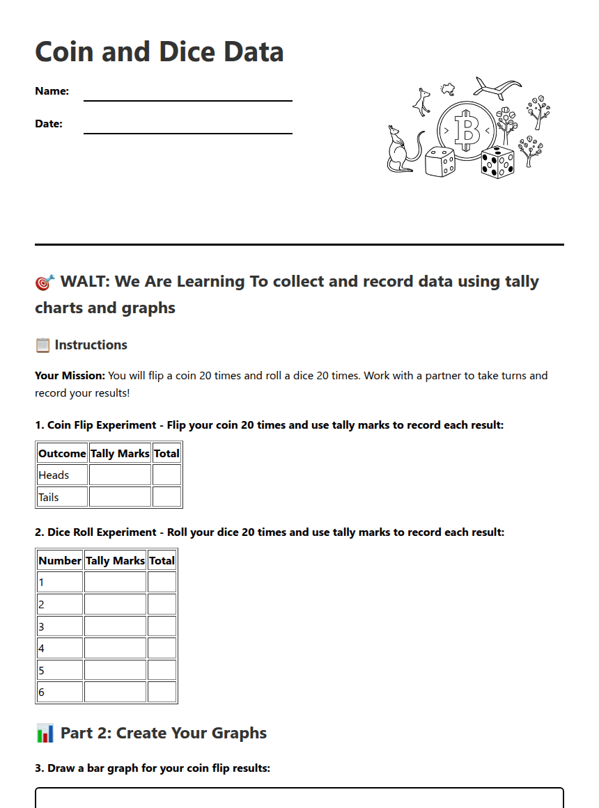 Coin and Dice Data worksheet preview
