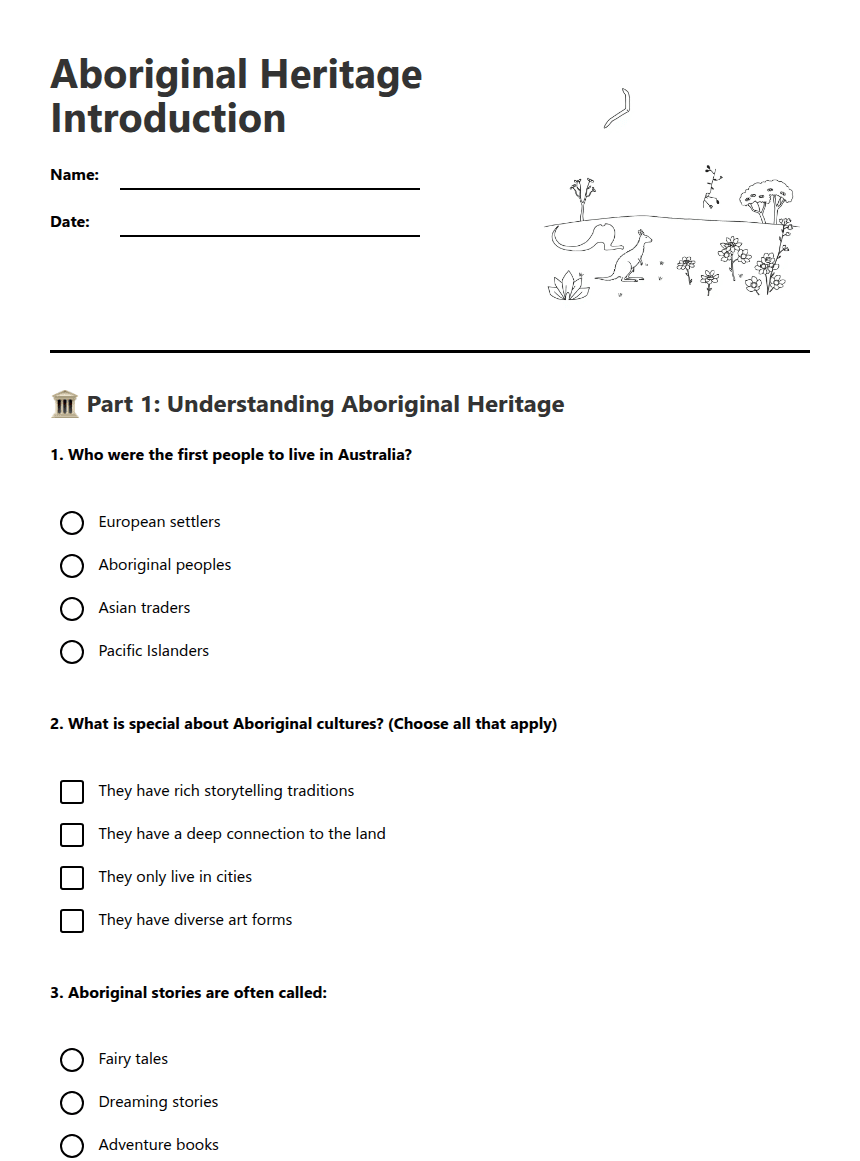 Aboriginal Heritage Introduction worksheet preview