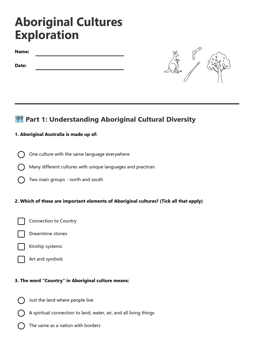 Aboriginal Cultures Exploration worksheet preview