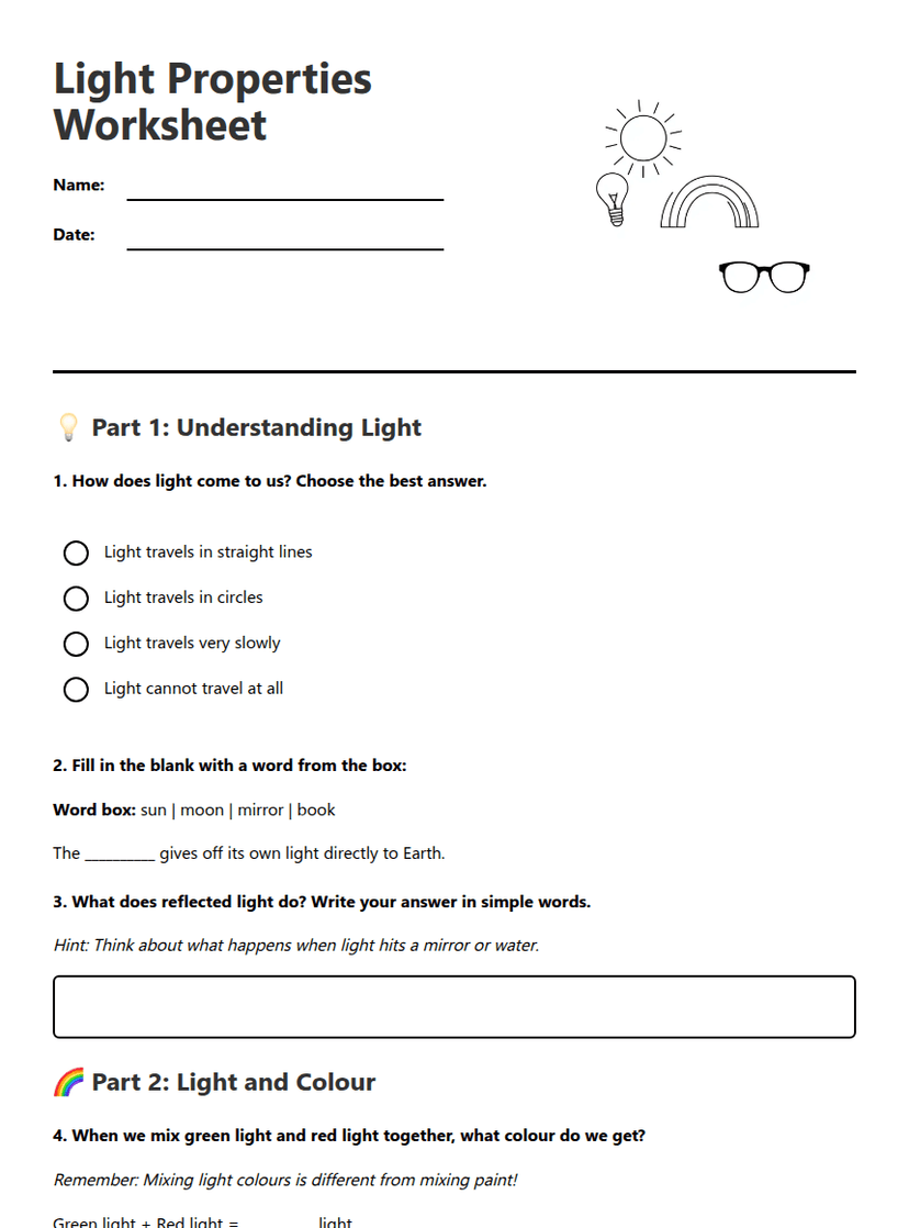 Light Properties Worksheet