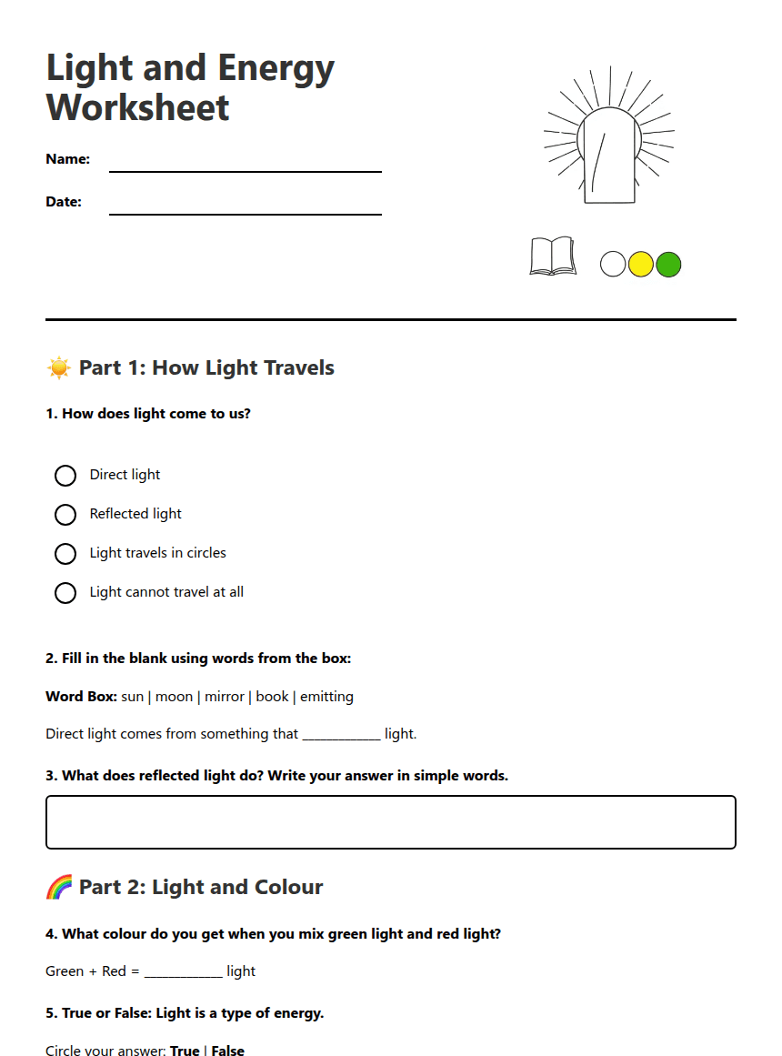 Light and Energy Worksheet worksheet preview