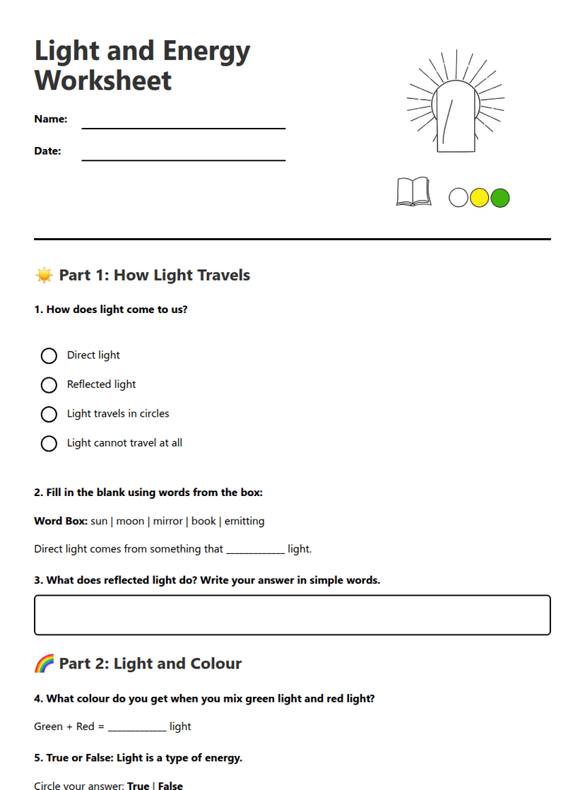Light and Energy Worksheet