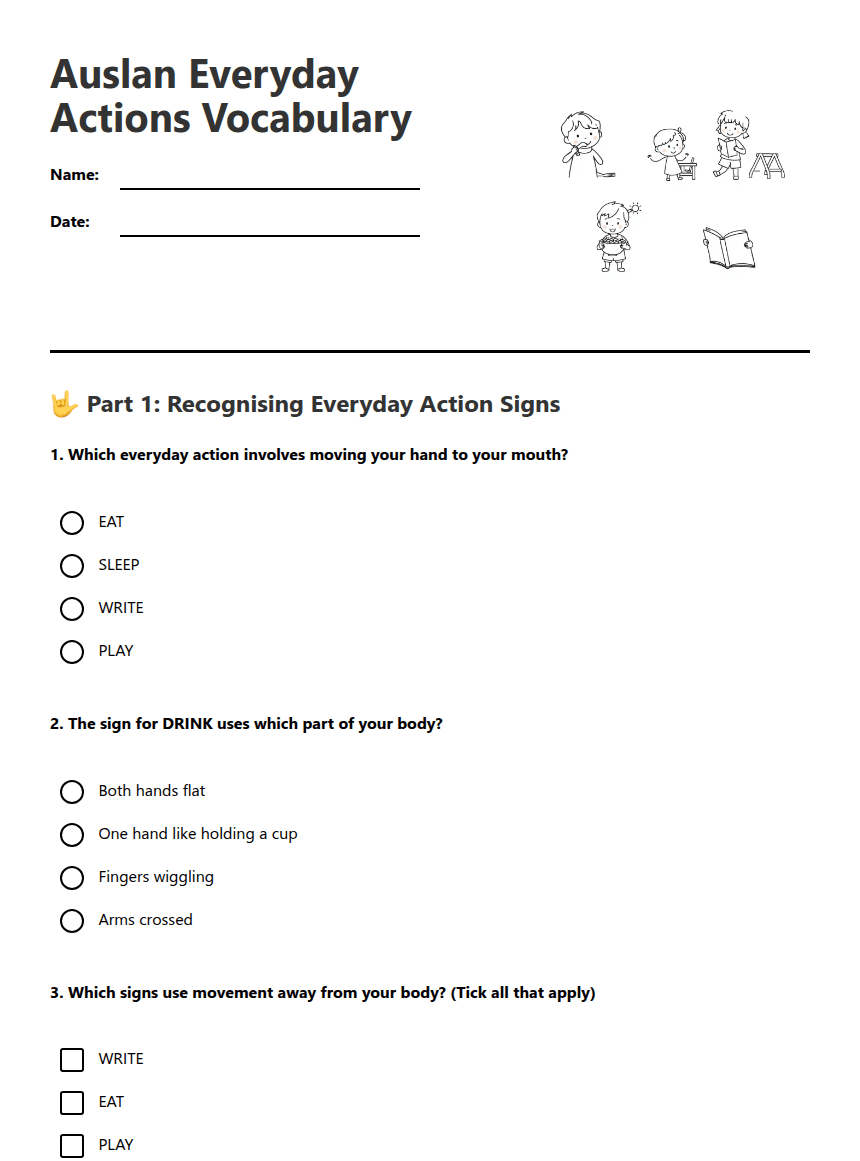 Auslan Everyday Actions Vocabulary worksheet preview