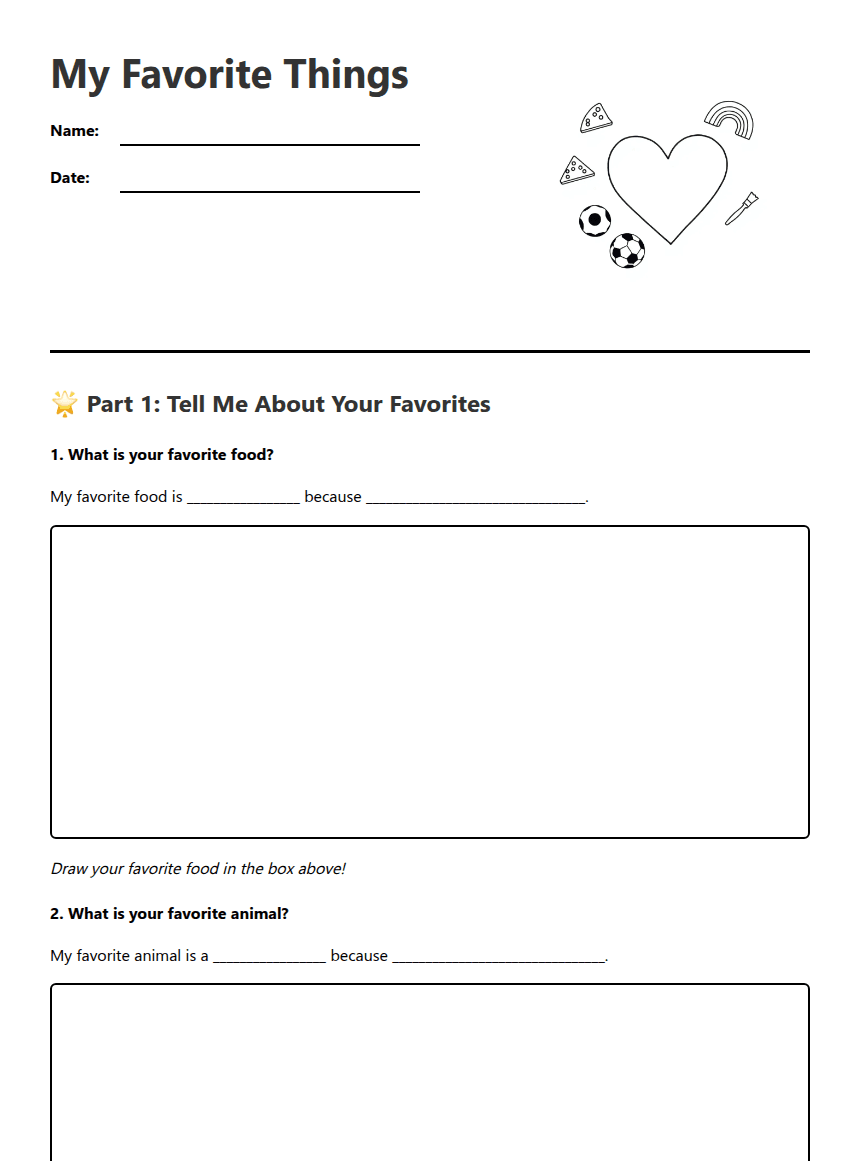 My Favorite Things worksheet preview