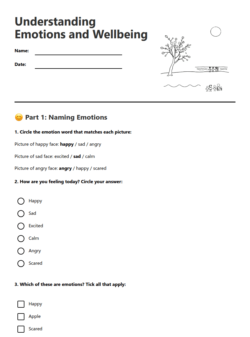 Understanding Emotions and Wellbeing worksheet preview