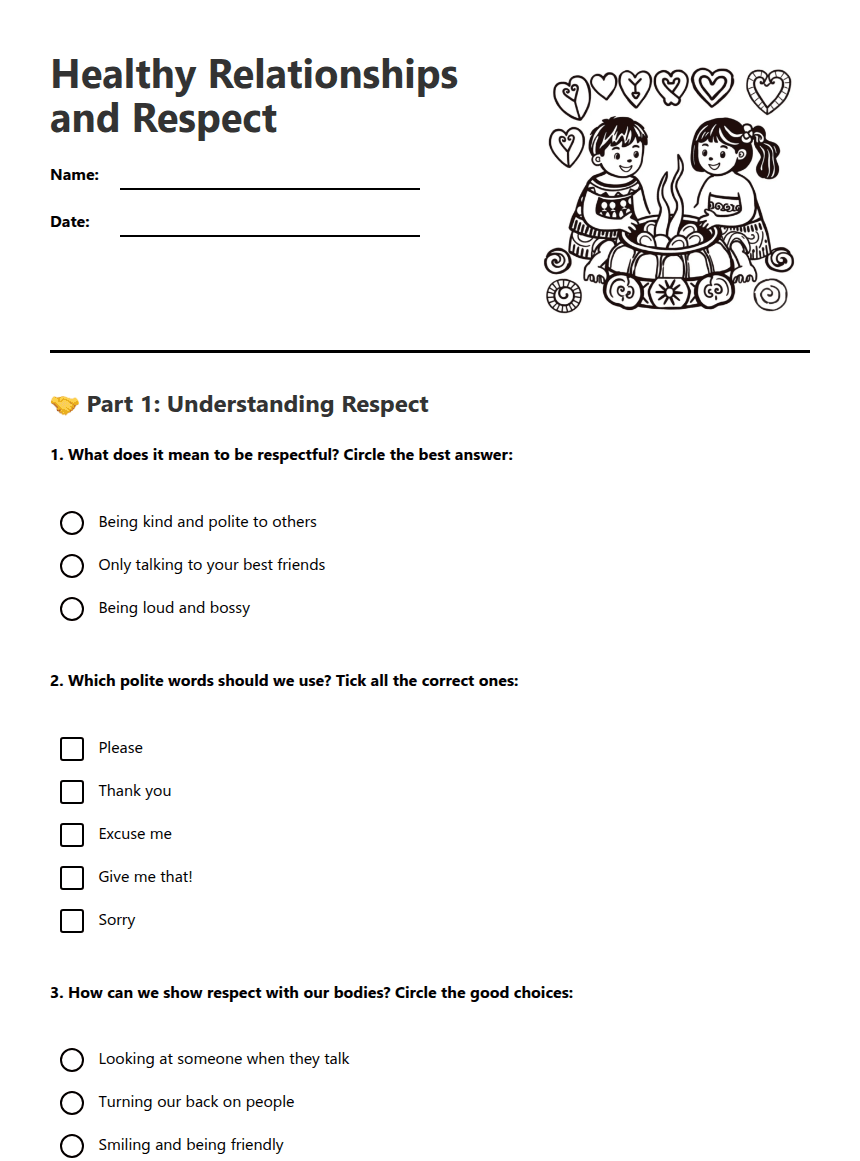 Healthy Relationships and Respect worksheet preview