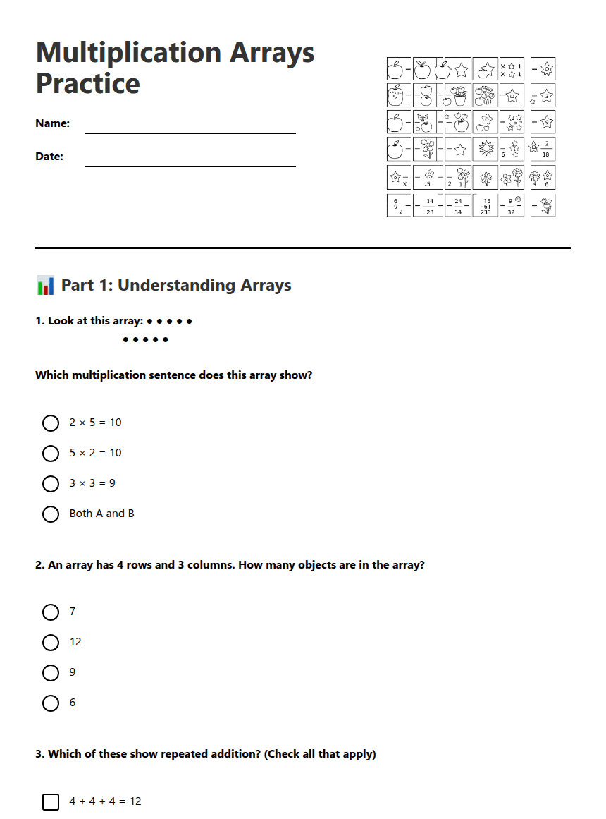 Multiplication Arrays Practice worksheet preview
