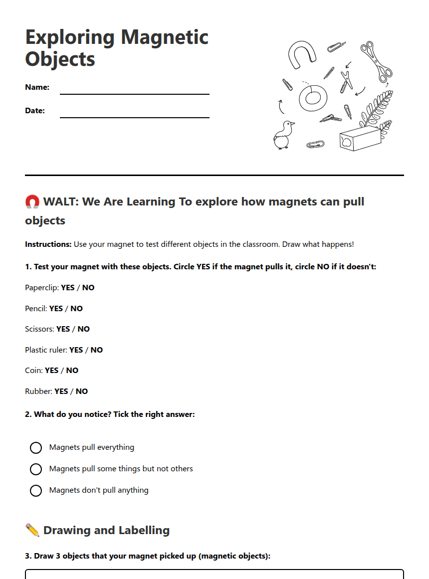 Exploring Magnetic Objects worksheet preview