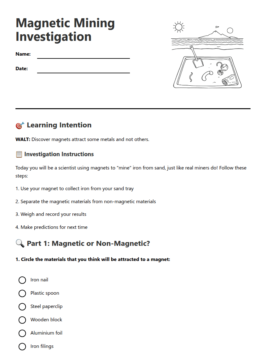 Magnetic Mining Investigation worksheet preview
