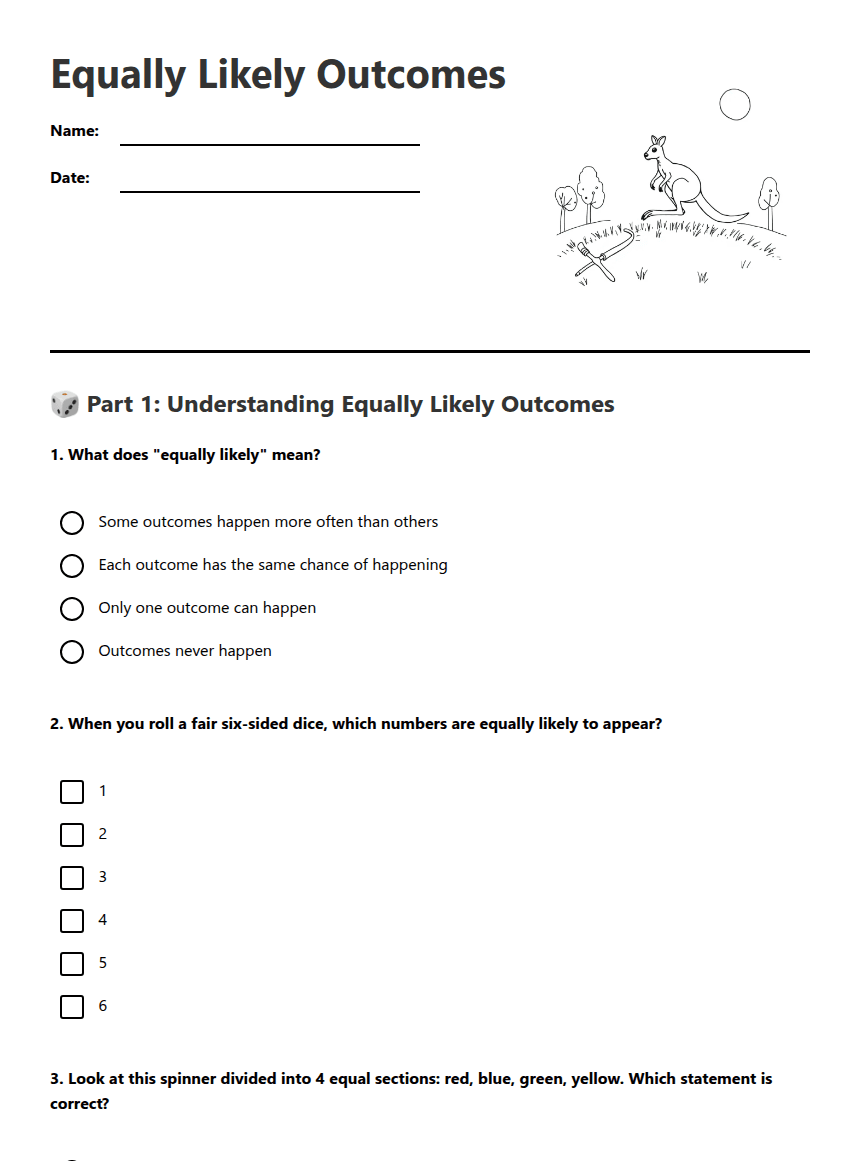 Equally Likely Outcomes worksheet preview