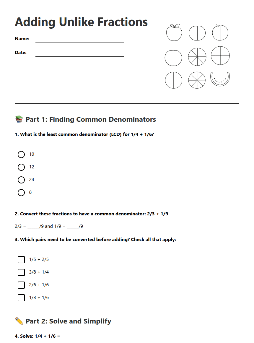 Adding Unlike Fractions worksheet preview