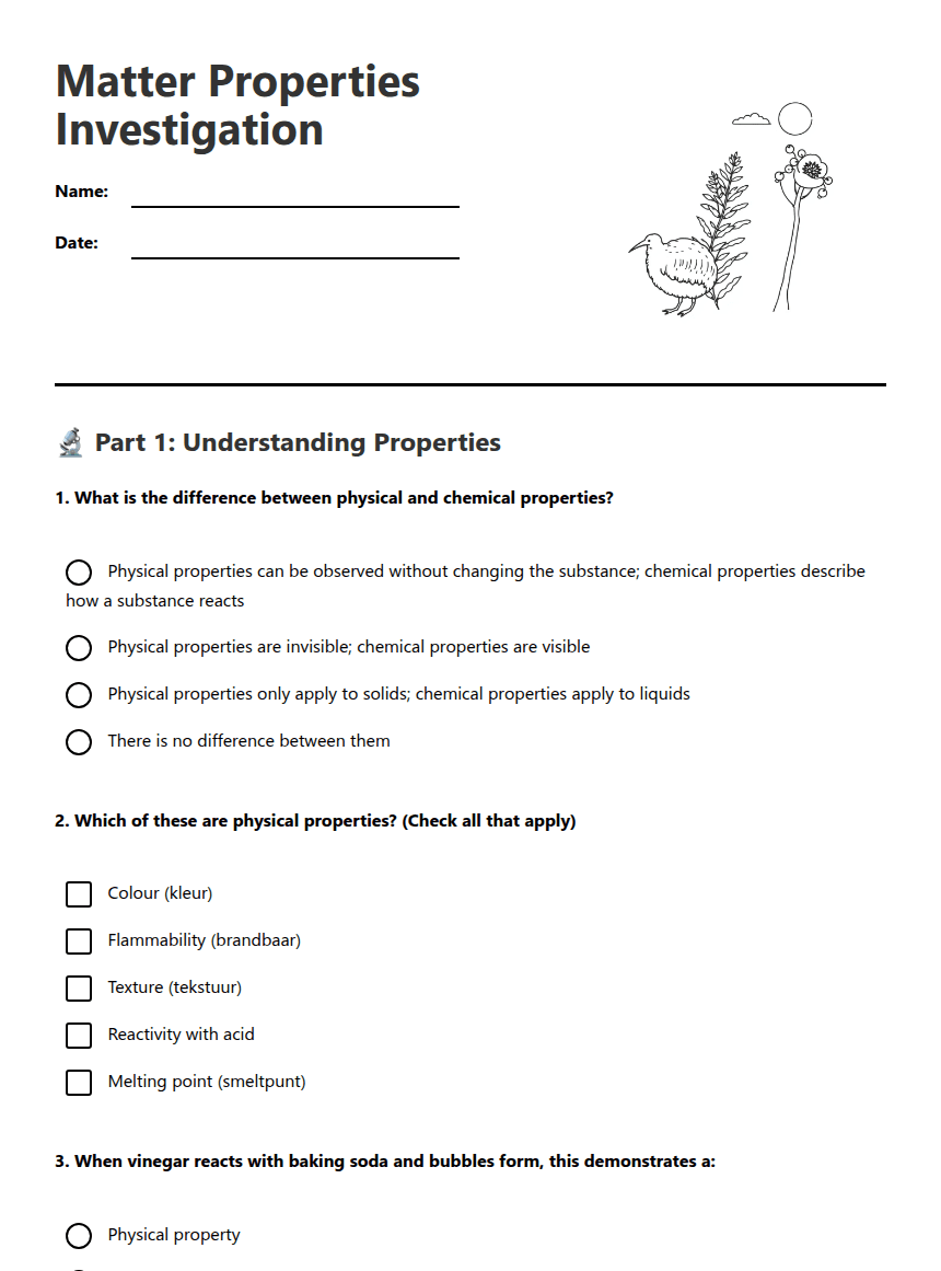 Matter Properties Investigation worksheet preview