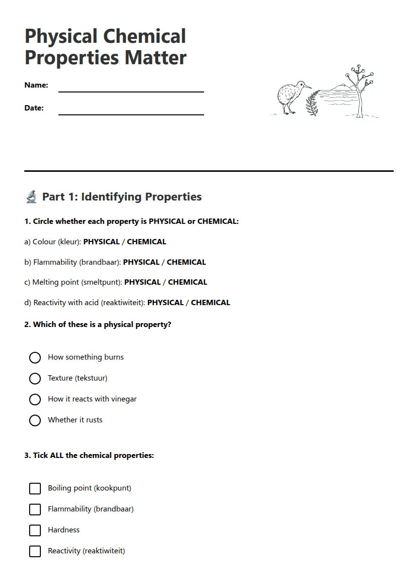 Physical Chemical Properties Matter worksheet preview