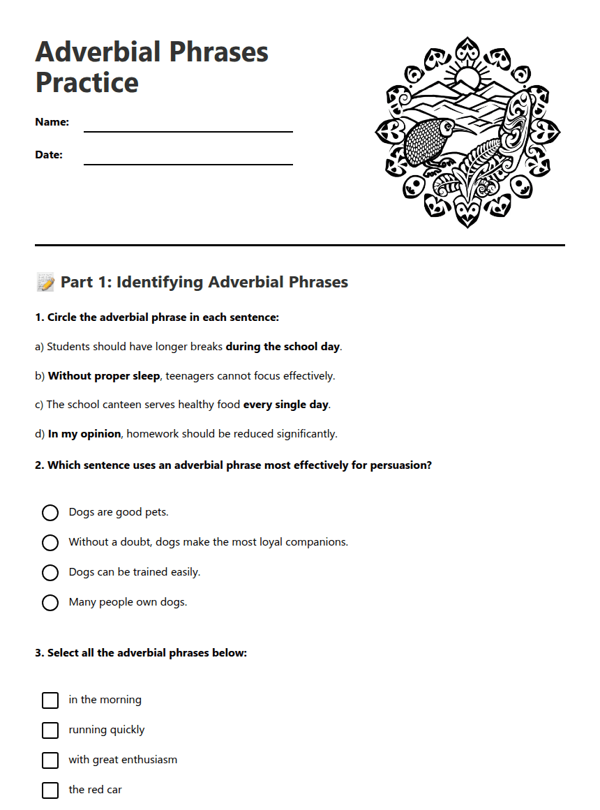 Adverbial Phrases Practice worksheet preview