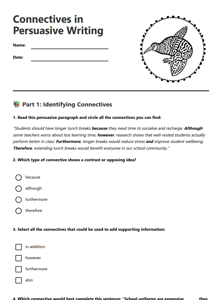 Connectives in Persuasive Writing worksheet preview