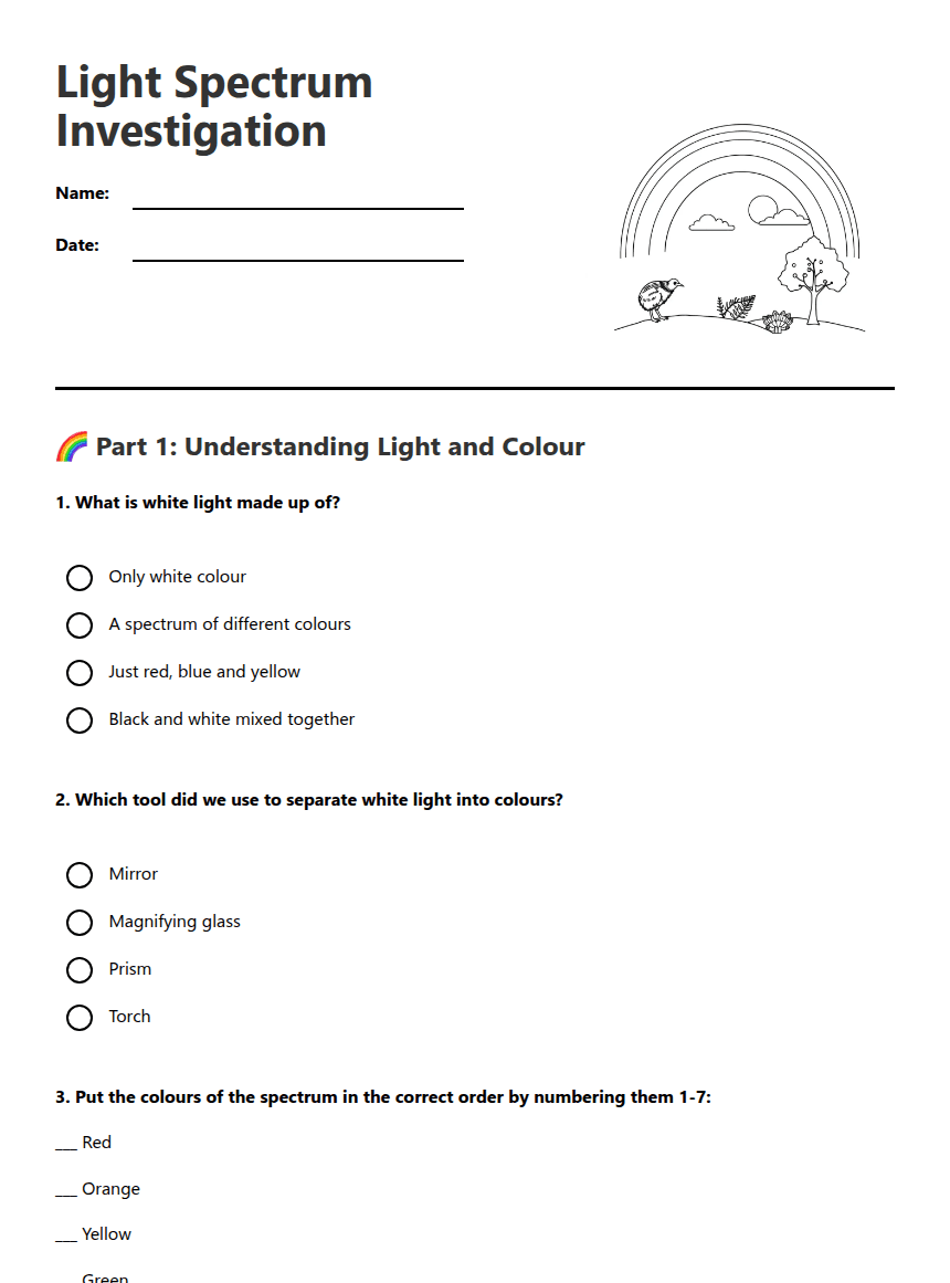 Light Spectrum Investigation worksheet preview