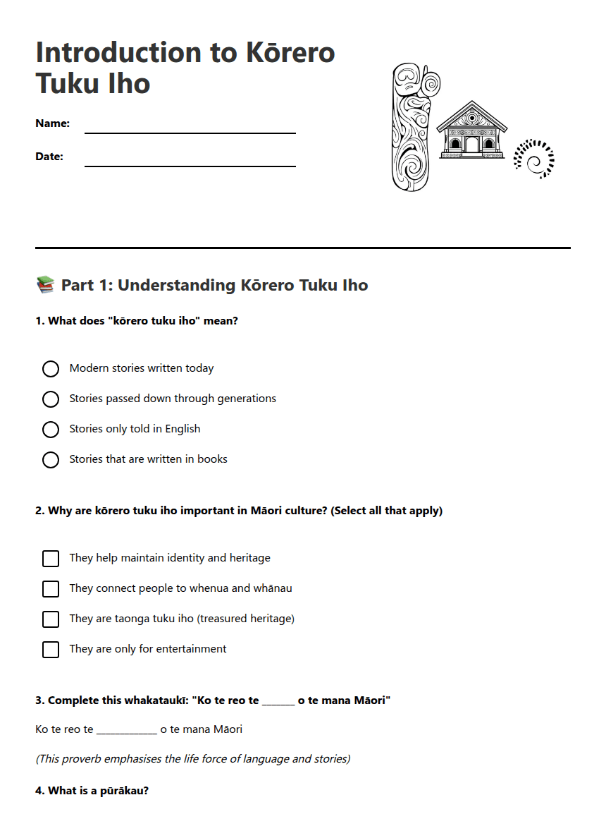 Introduction to Kōrero Tuku Iho worksheet preview