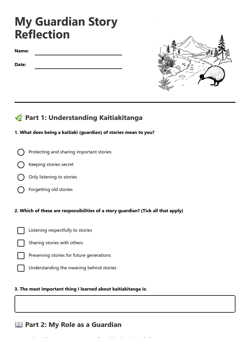 My Guardian Story Reflection worksheet preview