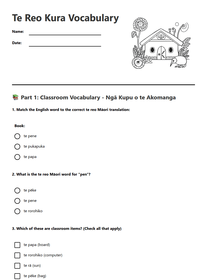 Te Reo Kura Vocabulary worksheet preview