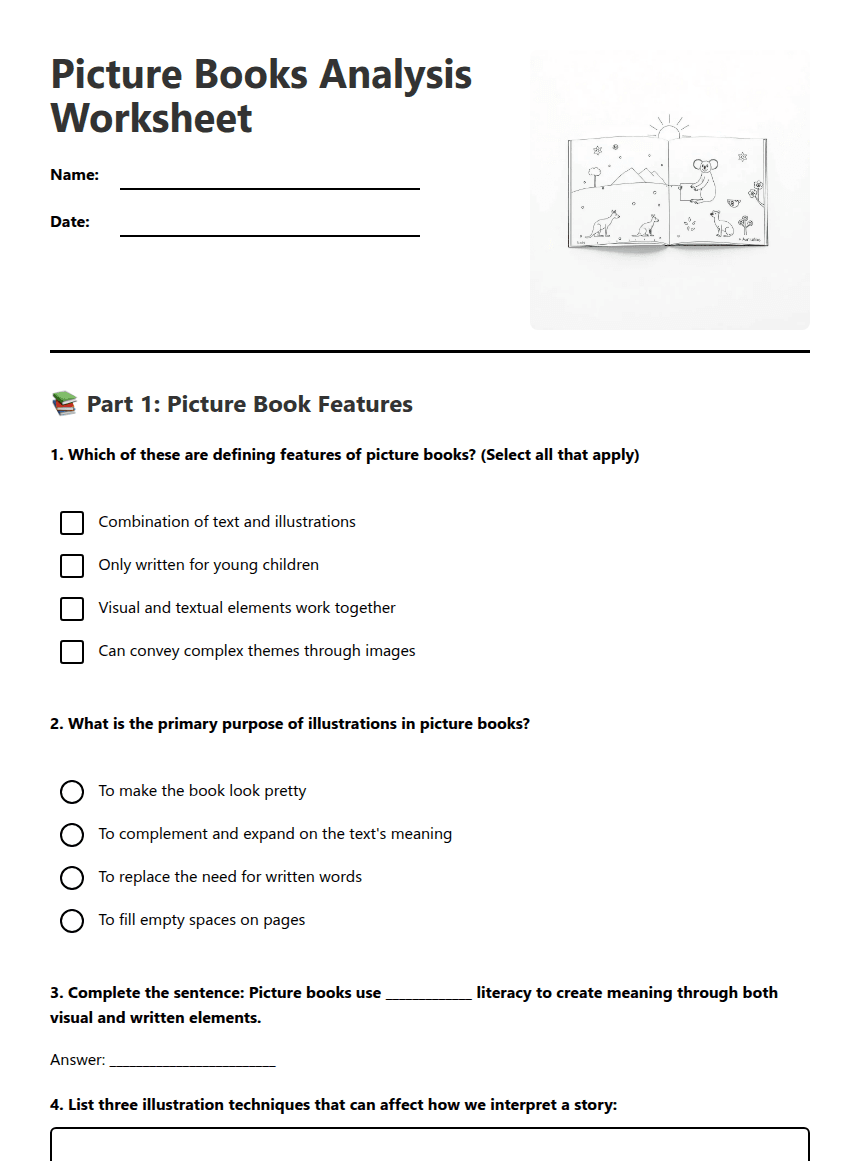 Picture Books Analysis Worksheet worksheet preview