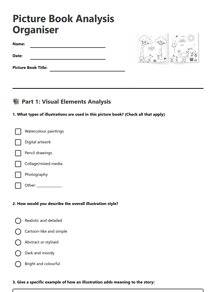 Picture Book Analysis Organiser worksheet preview