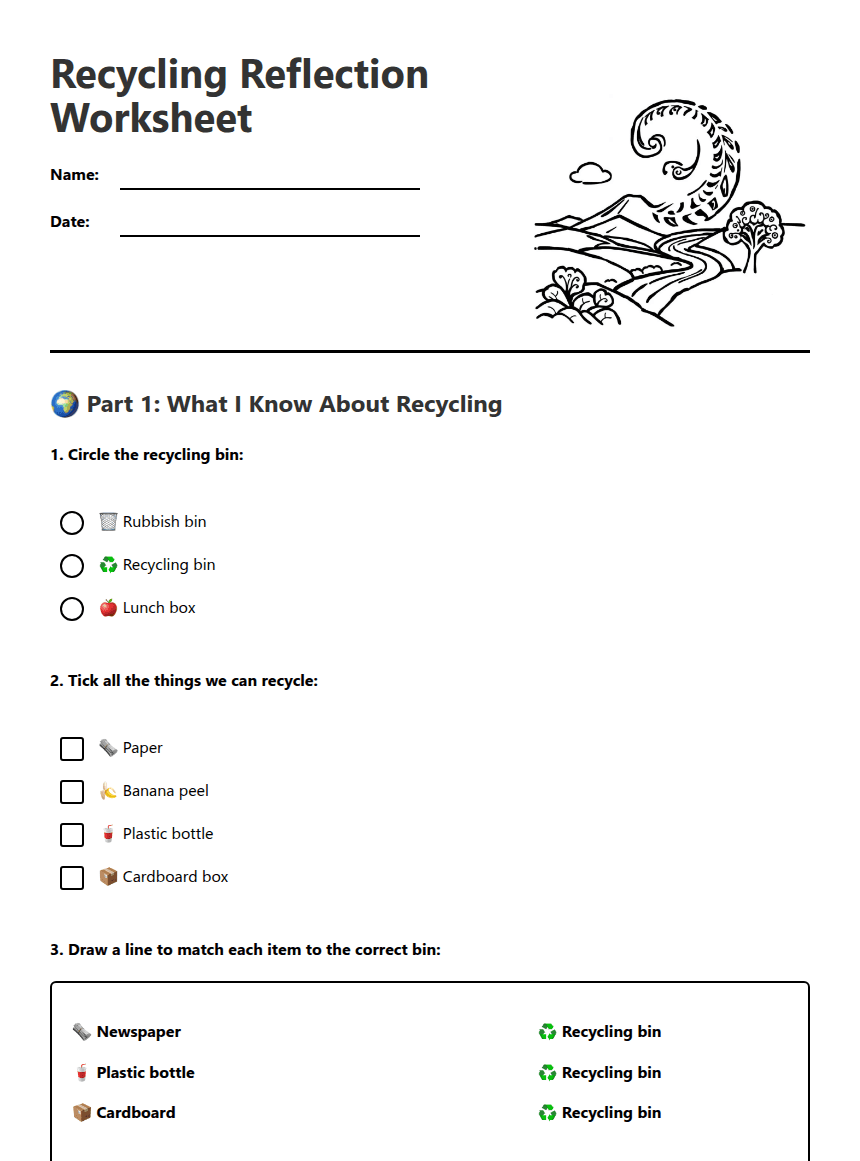 Recycling Reflection Worksheet worksheet preview