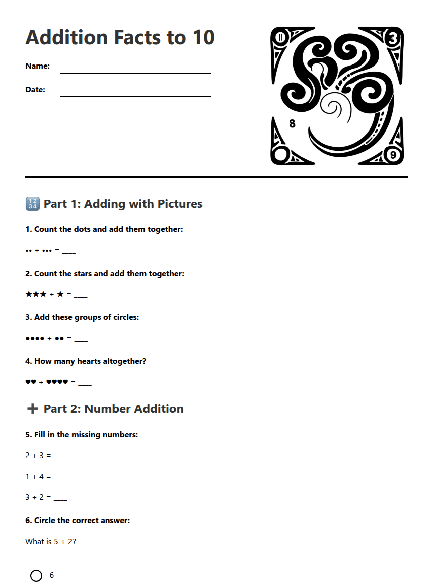 Addition Facts to 10 worksheet preview
