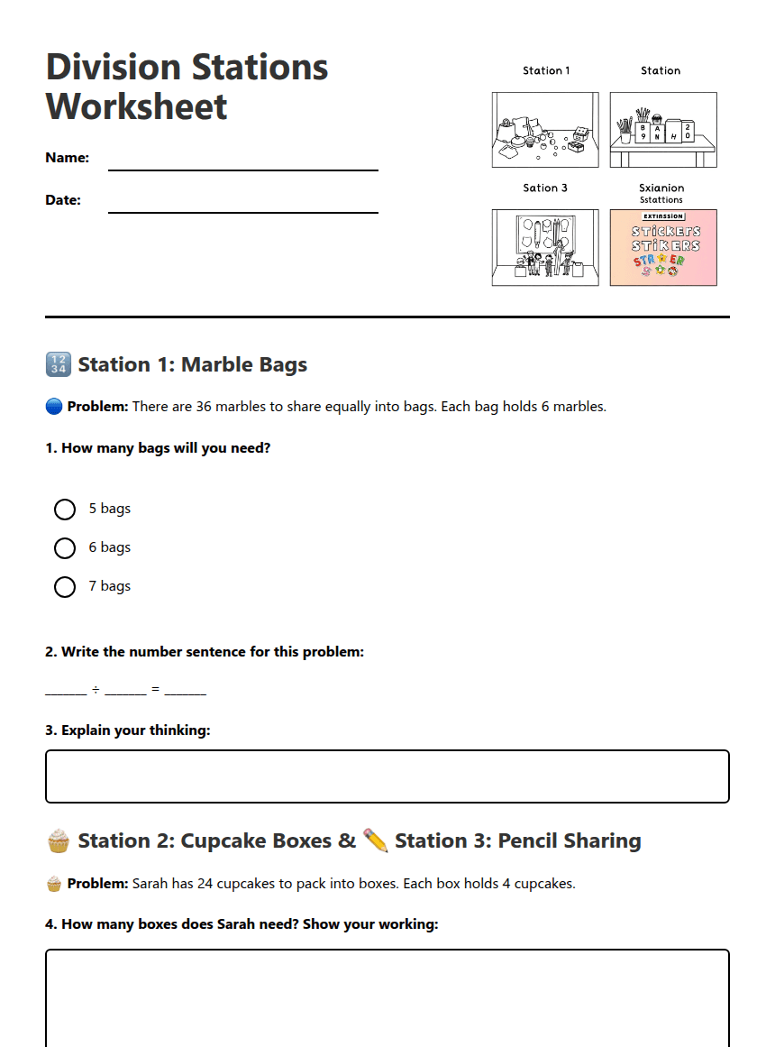 Division Stations Worksheet worksheet preview