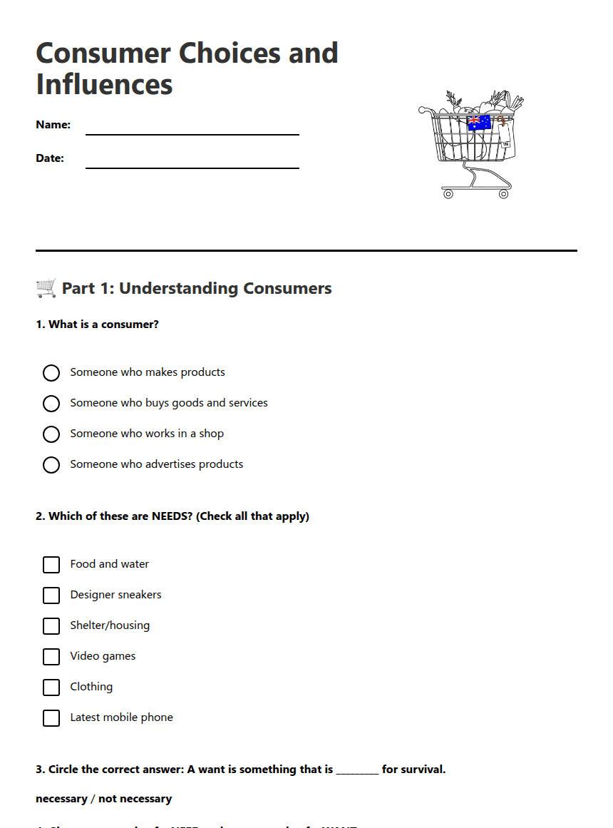 Consumer Choices and Influences worksheet preview