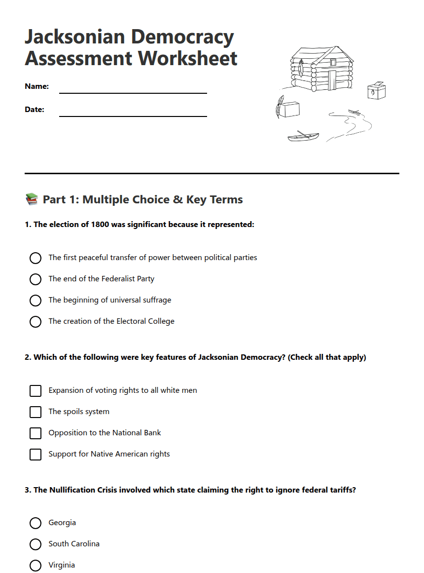 Jacksonian Democracy Assessment Worksheet worksheet preview