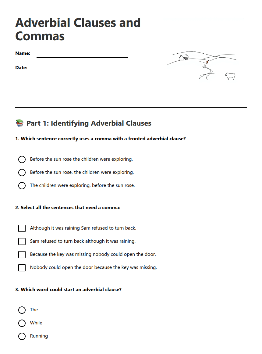 Adverbial Clauses and Commas worksheet preview