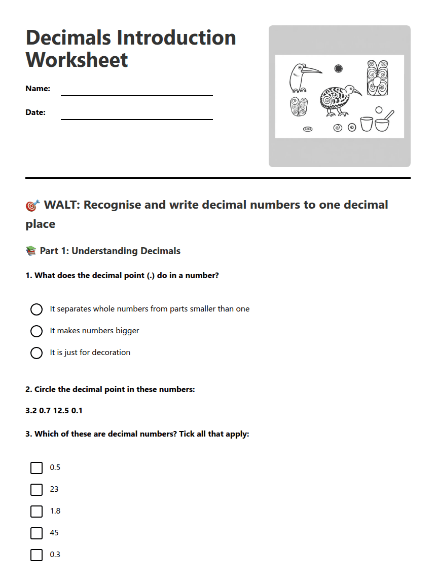 Decimals Introduction Worksheet worksheet preview