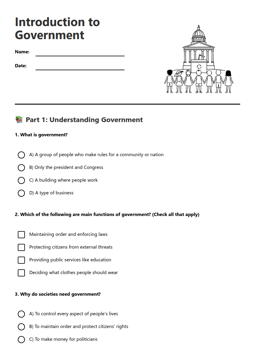 Introduction to Government worksheet preview