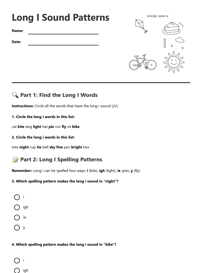 Long I Sound Patterns worksheet preview