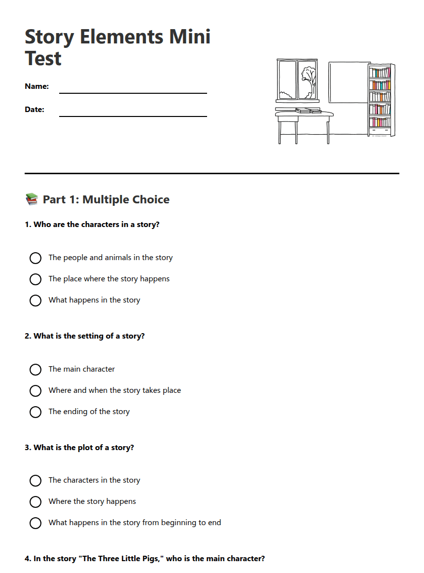 Story Elements Mini Test worksheet preview