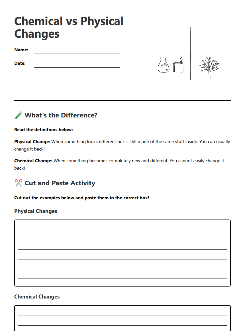 Chemical vs Physical Changes worksheet preview