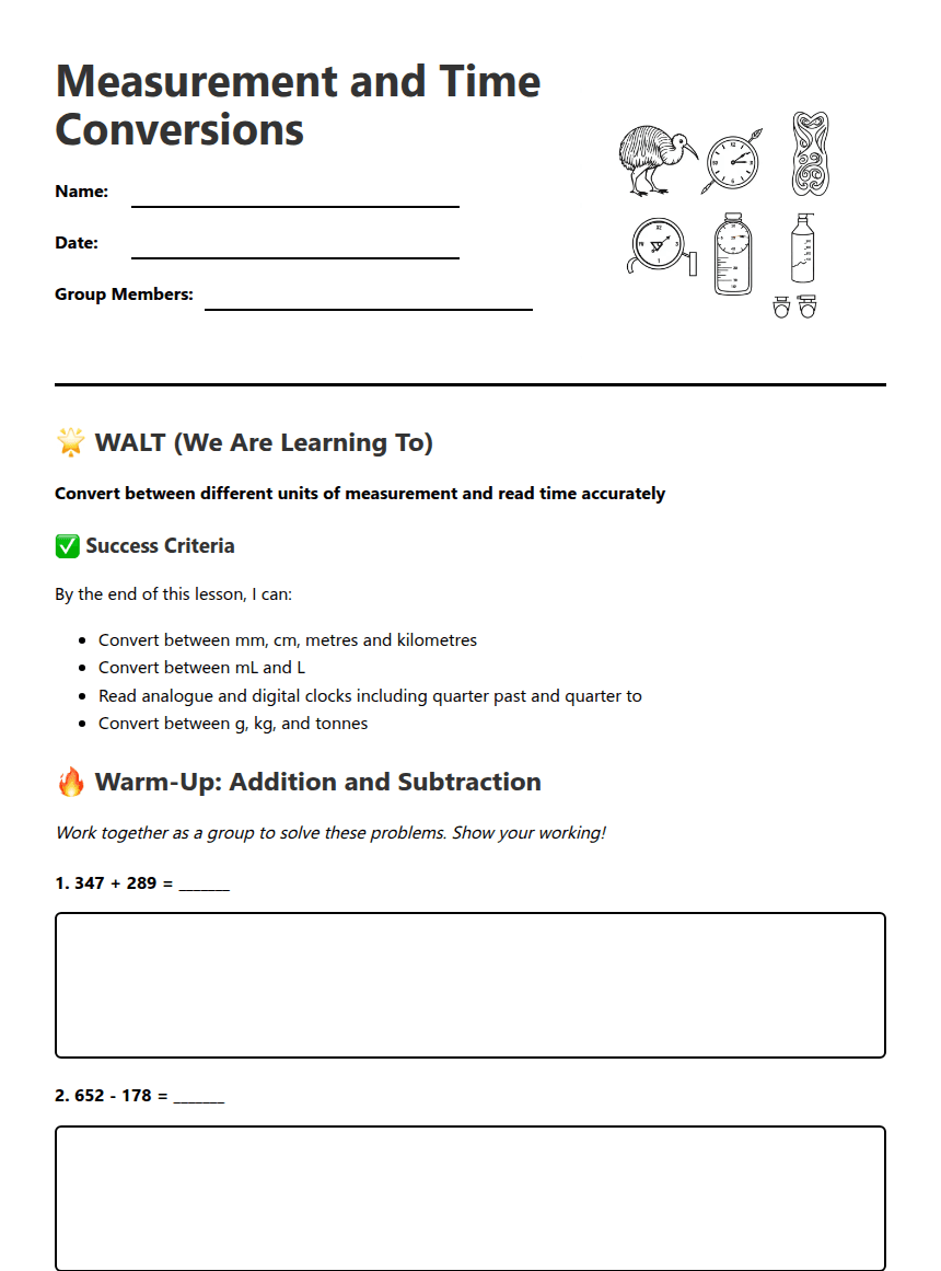 Measurement and Time Conversions worksheet preview