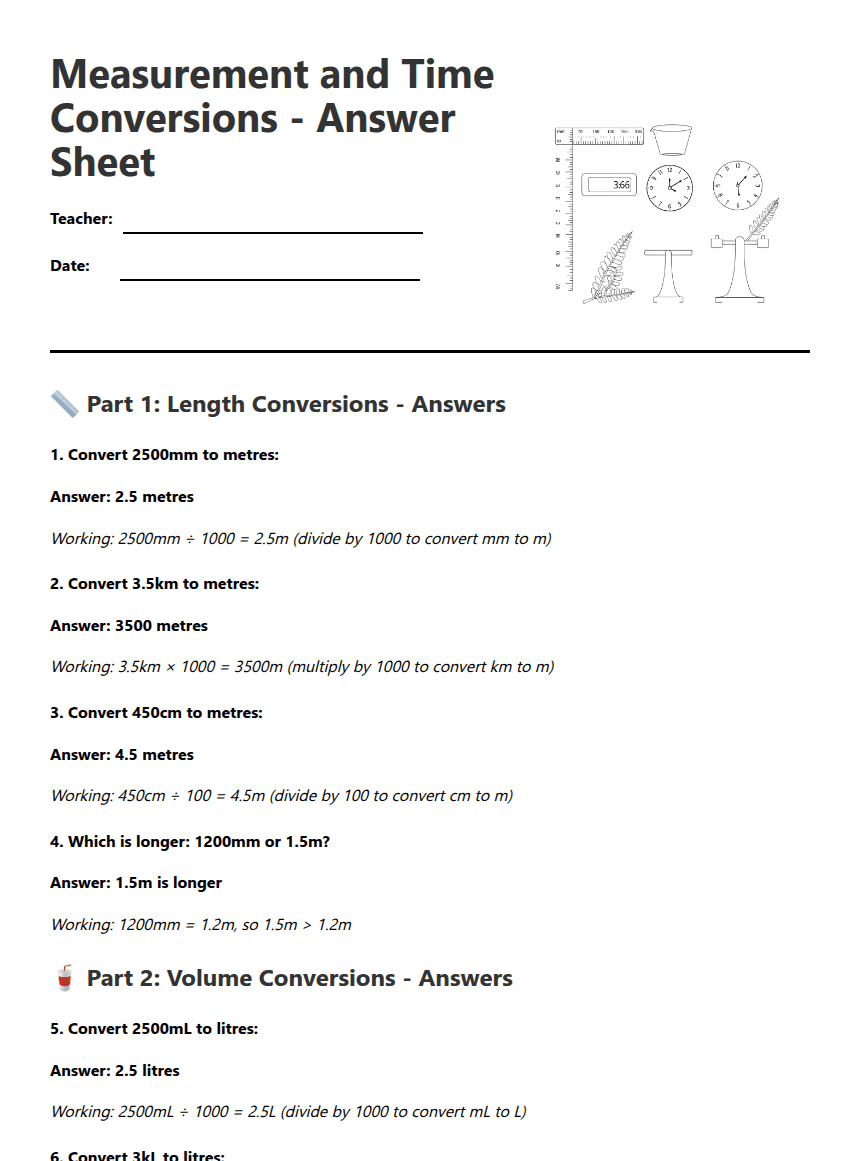 Measurement and Time Conversions worksheet preview