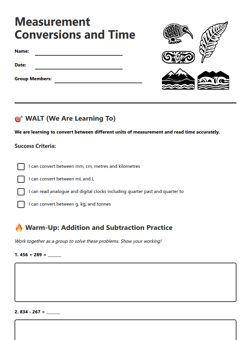Measurement Conversions and Time worksheet preview